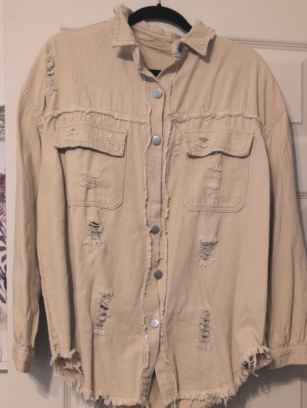 Beige Distressed Shacket Jacket - Women